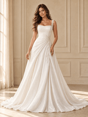 White Square Neckline Sequined A-Line Wedding Dress with Draped Bodice