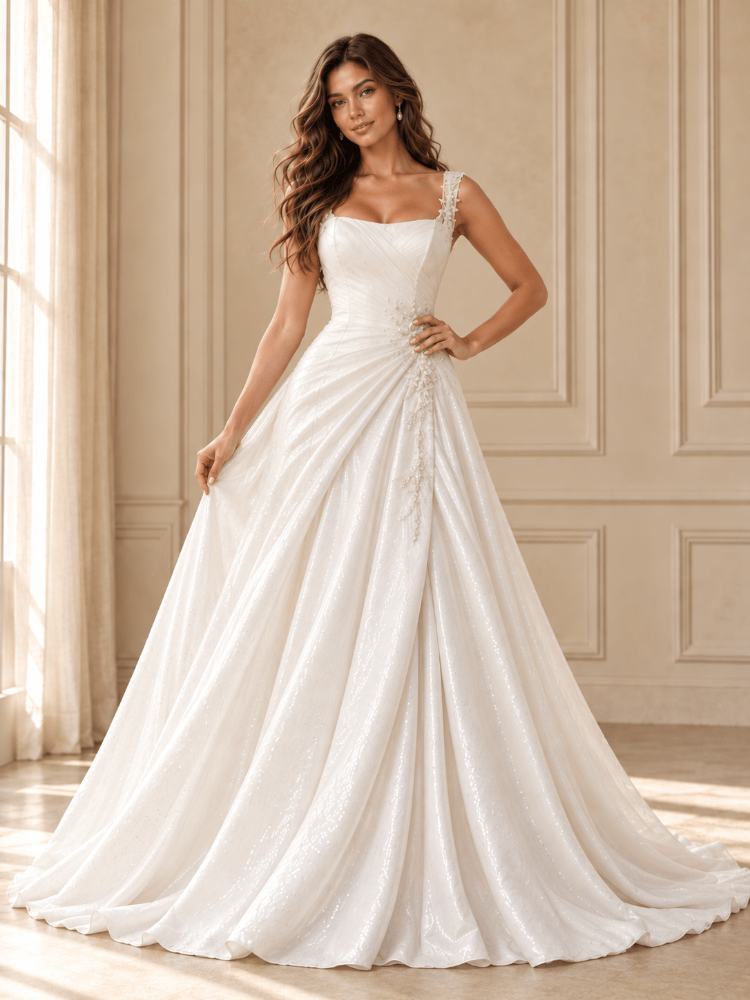 White Square Neckline Sequined A-Line Wedding Dress with Draped Bodice