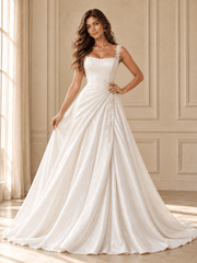 White Square Neckline Sequined A-Line Wedding Dress with Draped Bodice