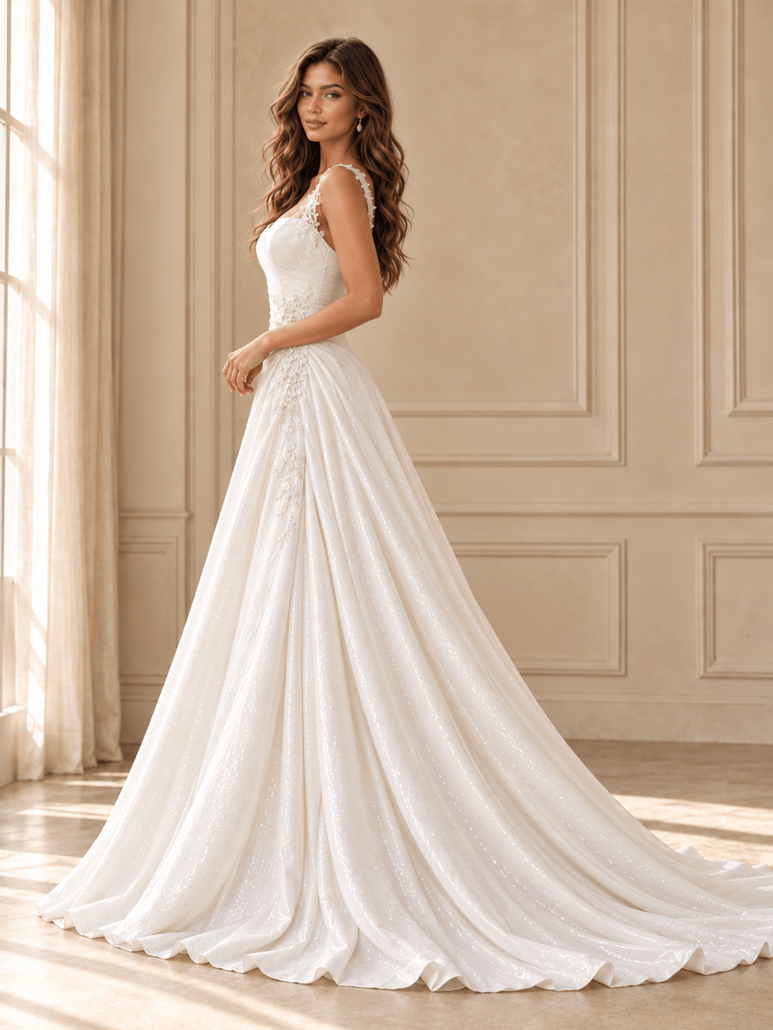 White Square Neckline Sequined A-Line Wedding Dress with Draped Bodice