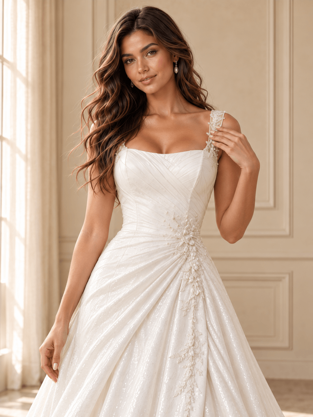 White Square Neckline Sequined A-Line Wedding Dress with Draped Bodice