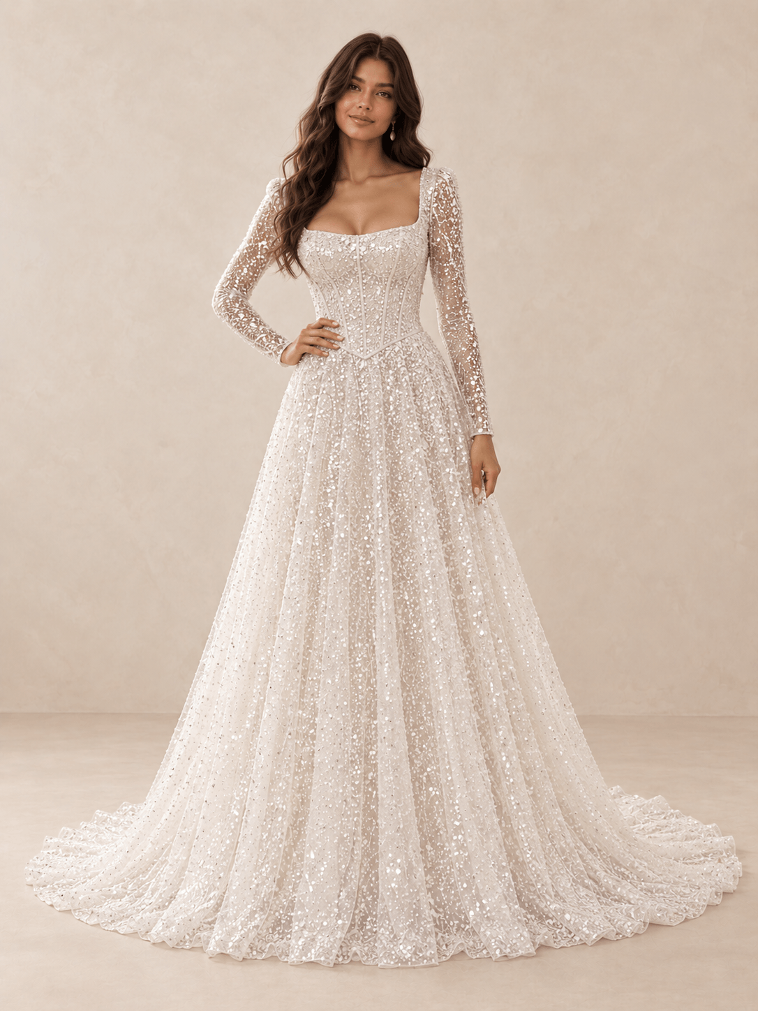 White Square Neck Sequined Mesh Long Sleeves A-Line Wedding Dress