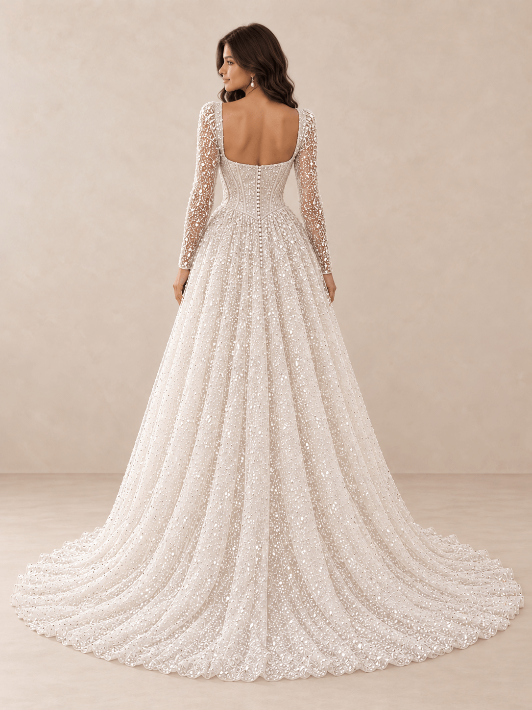White Square Neck Sequined Mesh Long Sleeves A-Line Wedding Dress