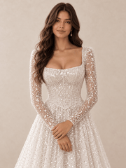 White Square Neck Sequined Mesh Long Sleeves A-Line Wedding Dress