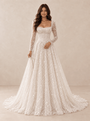 White Square Neck Sequined Mesh Long Sleeves A-Line Wedding Dress