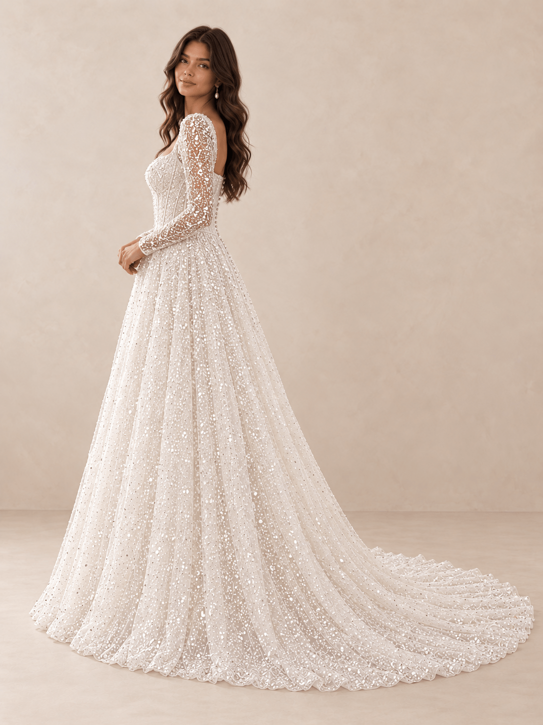 White Square Neck Sequined Mesh Long Sleeves A-Line Wedding Dress