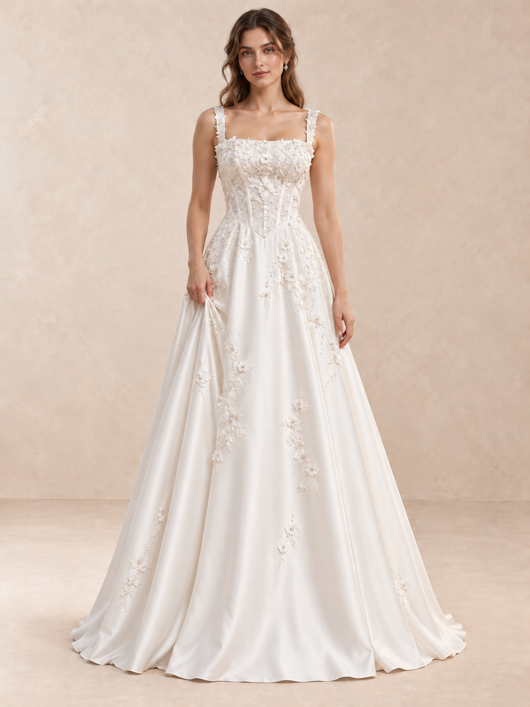 White Square Neck Sleeveless Floral Appliqué Satin Wedding Dress