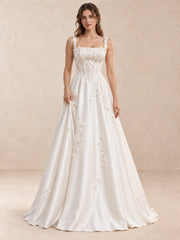 White Square Neck Sleeveless Floral Appliqué Satin Wedding Dress