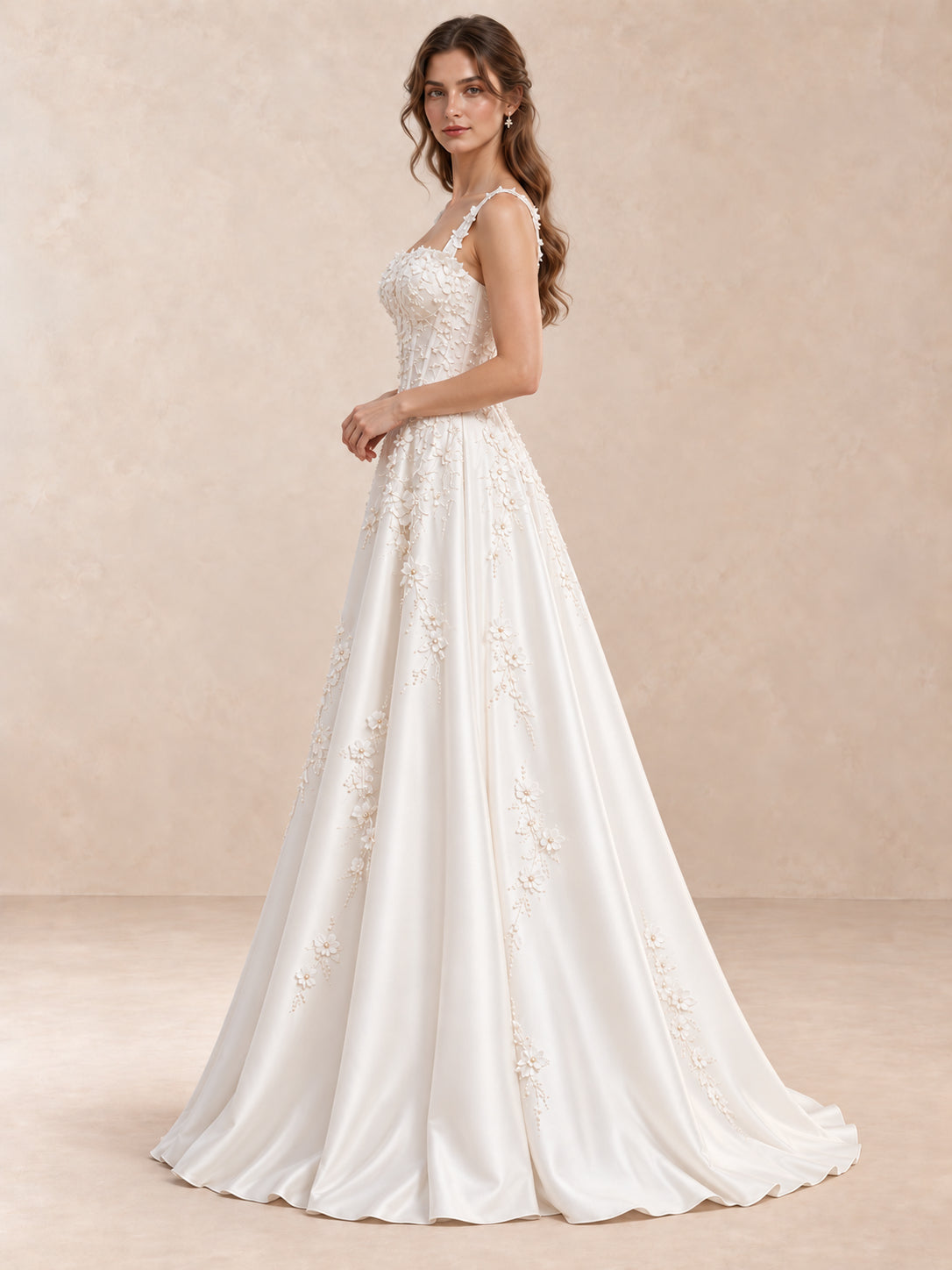 White Square Neck Sleeveless Floral Appliqué Satin Wedding Dress