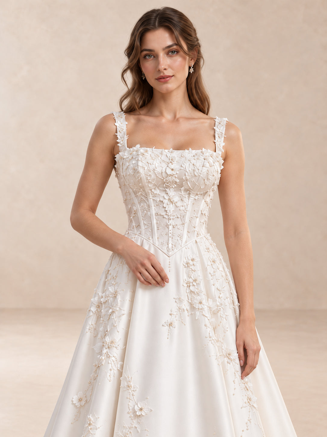 White Square Neck Sleeveless Floral Appliqué Satin Wedding Dress