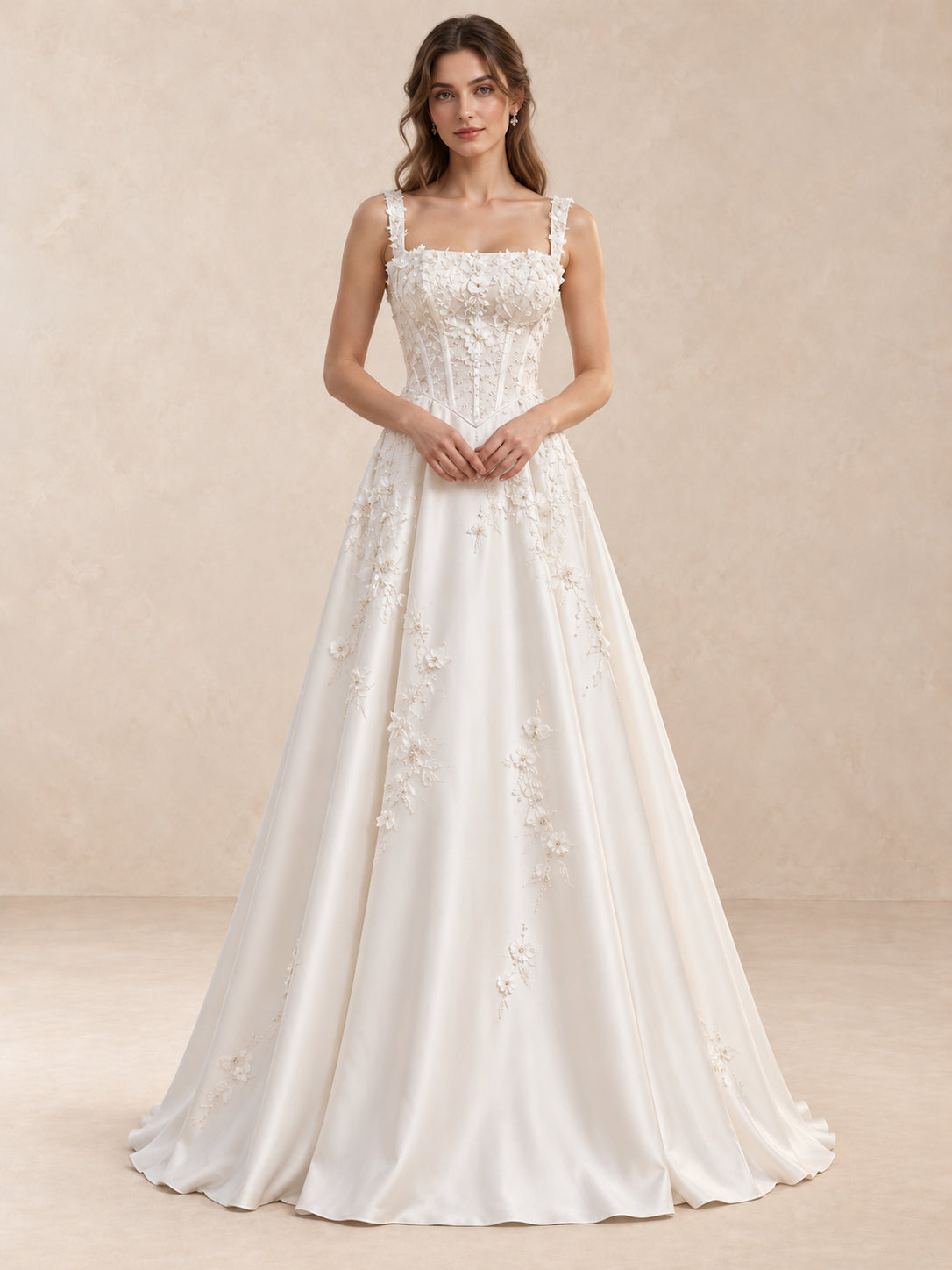 White Square Neck Sleeveless Floral Appliqué Satin Wedding Dress