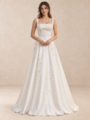 White Square Neck Sleeveless Floral Appliqué Satin Wedding Dress