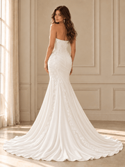 White Strapless Draped Crepe Mermaid Wedding Dress with Lace Appliqués