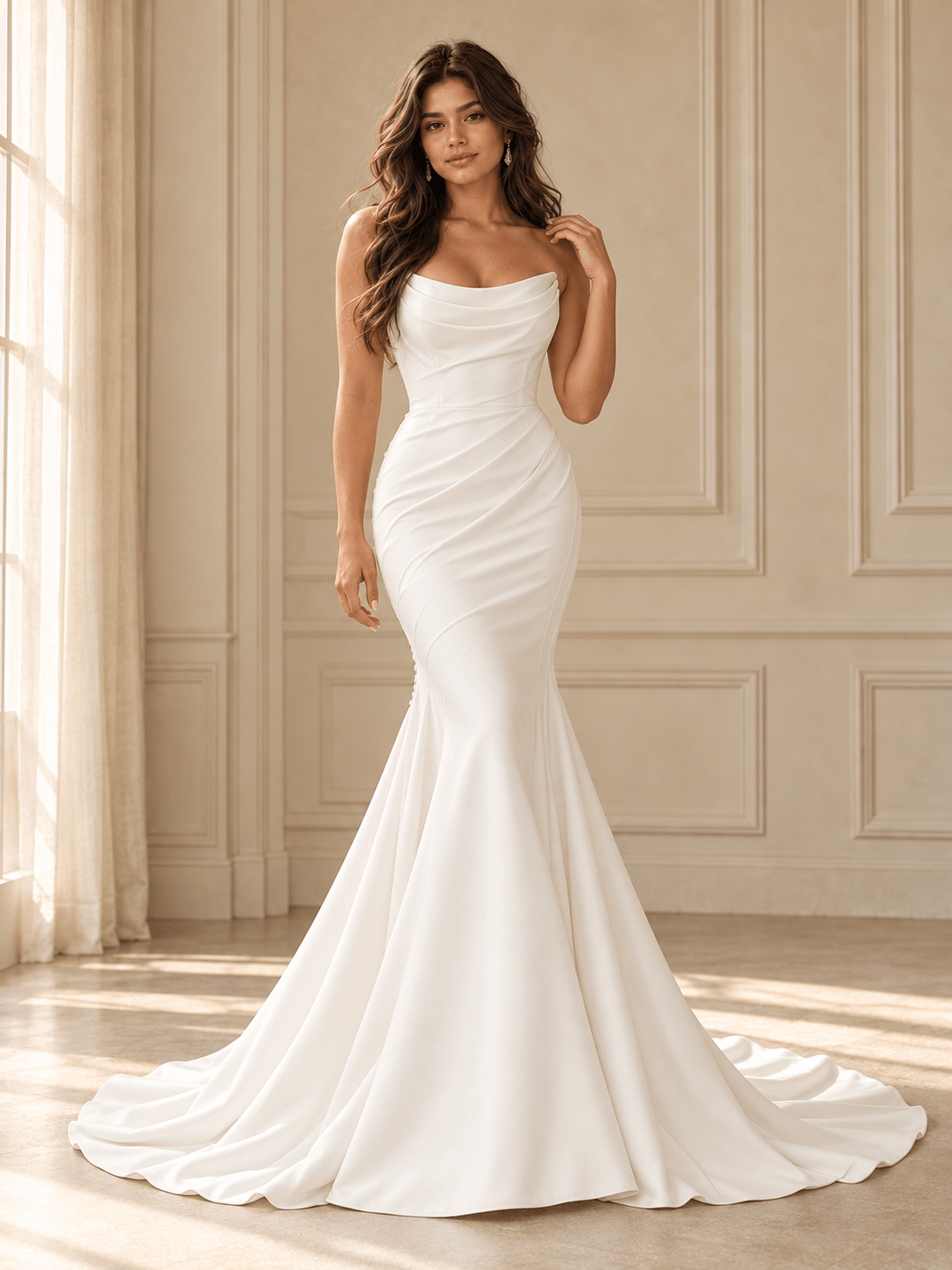 White Strapless Draped Neck Mermaid Wedding Dress with Elegant Train