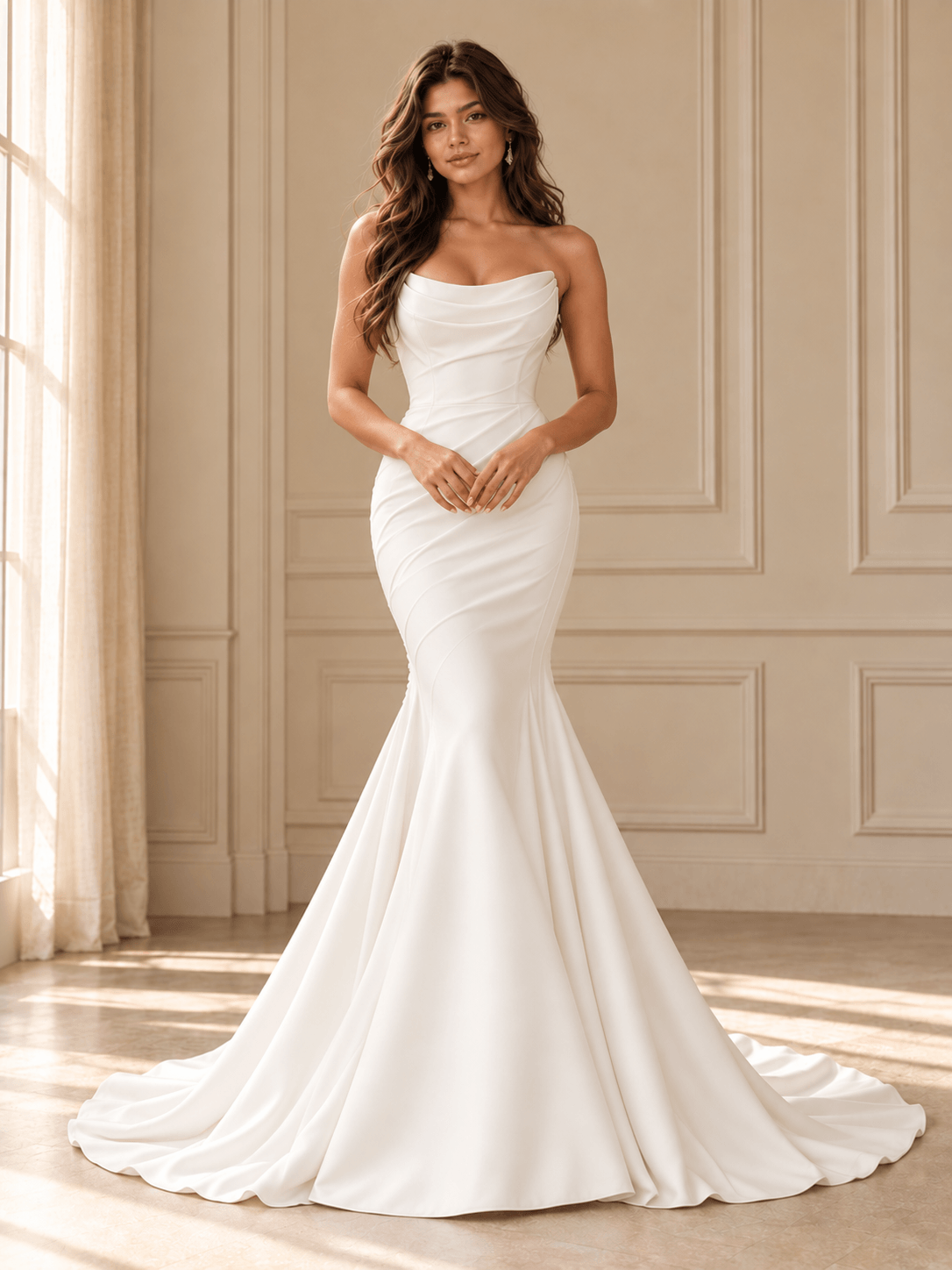 White Strapless Draped Neck Mermaid Wedding Dress with Elegant Train