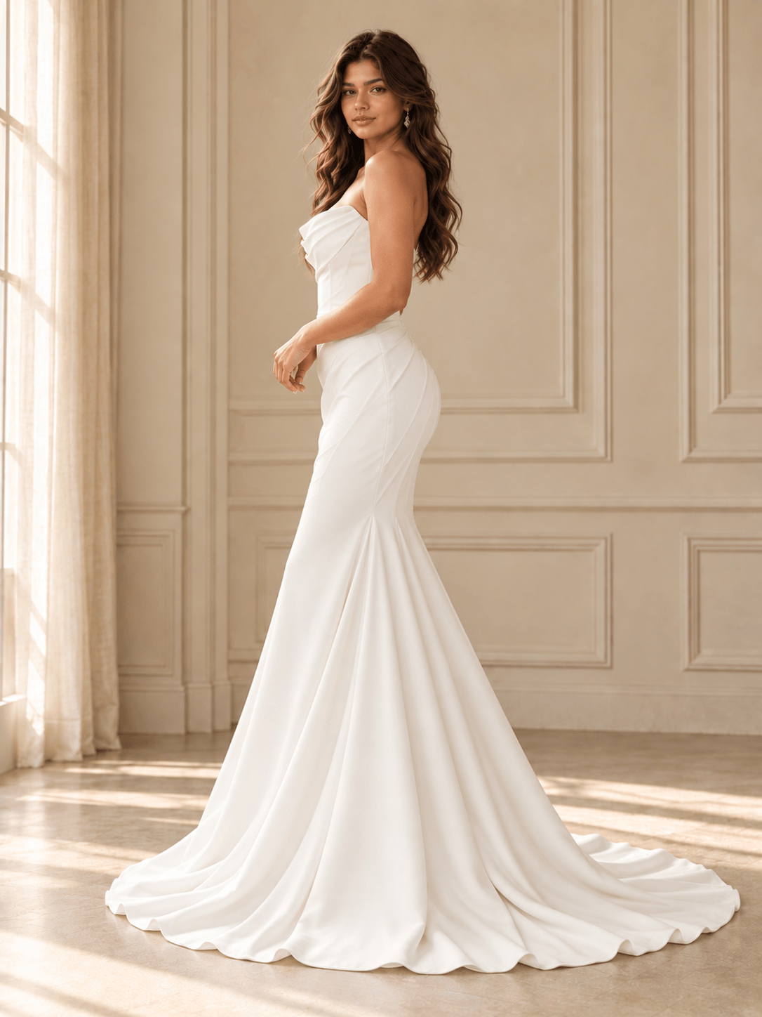 White Strapless Draped Neck Mermaid Wedding Dress with Elegant Train