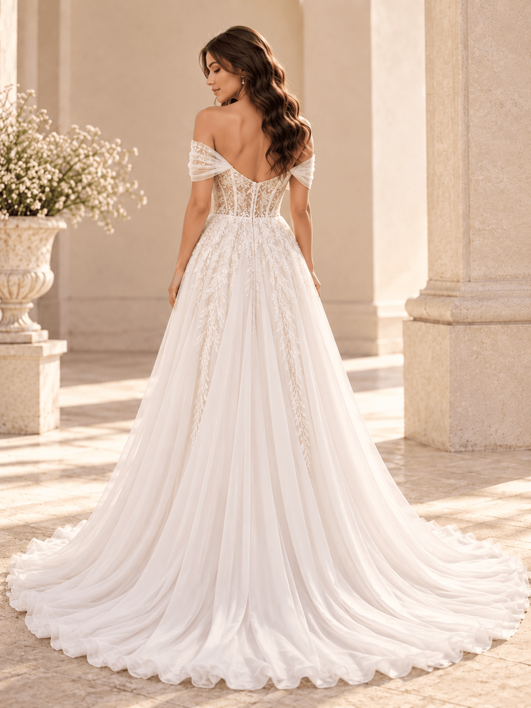 White Strapless Draped Neckline Wedding Dress with Lace Appliqués