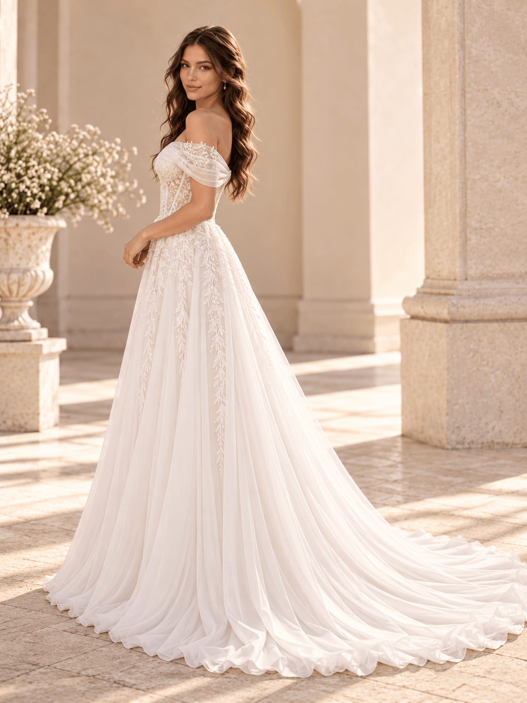 White Strapless Draped Neckline Wedding Dress with Lace Appliqués