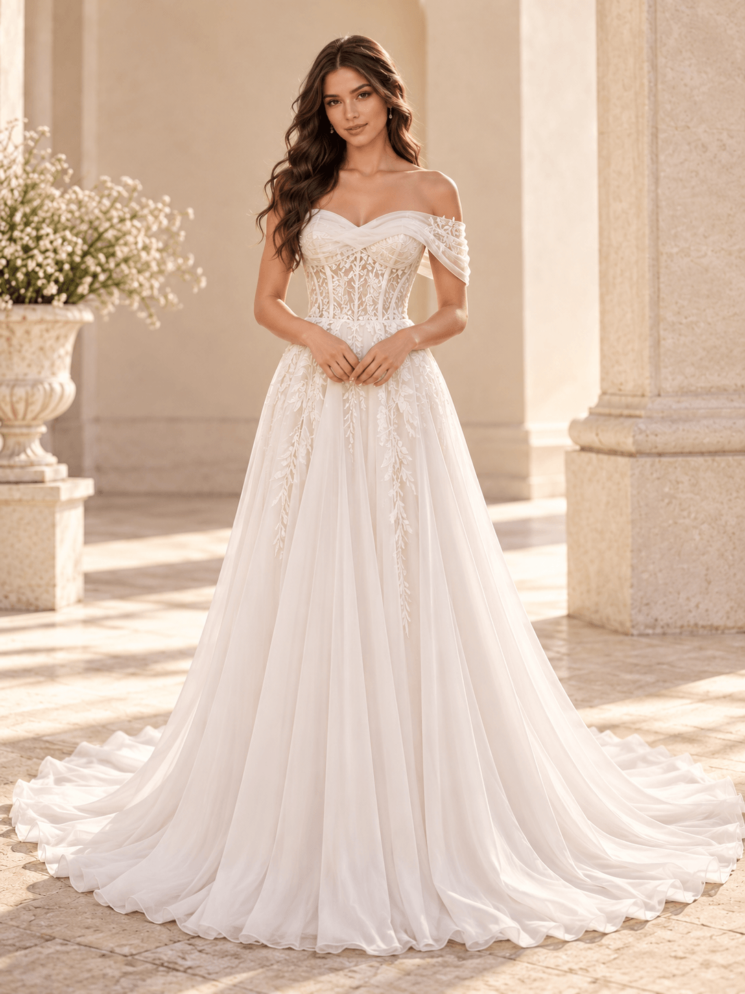 White Strapless Draped Neckline Wedding Dress with Lace Appliqués