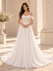 White Strapless Draped Neckline Wedding Dress with Lace Appliqués
