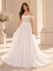 White Strapless Draped Neckline Wedding Dress with Lace Appliqués
