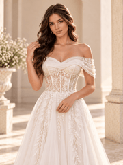 White Strapless Draped Neckline Wedding Dress with Lace Appliqués