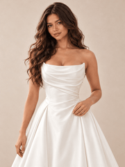 White Strapless Draped Satin A-Line Wedding Dress with Back Waist Bow