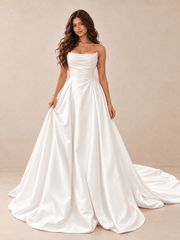 White Strapless Draped Satin A-Line Wedding Dress with Back Waist Bow