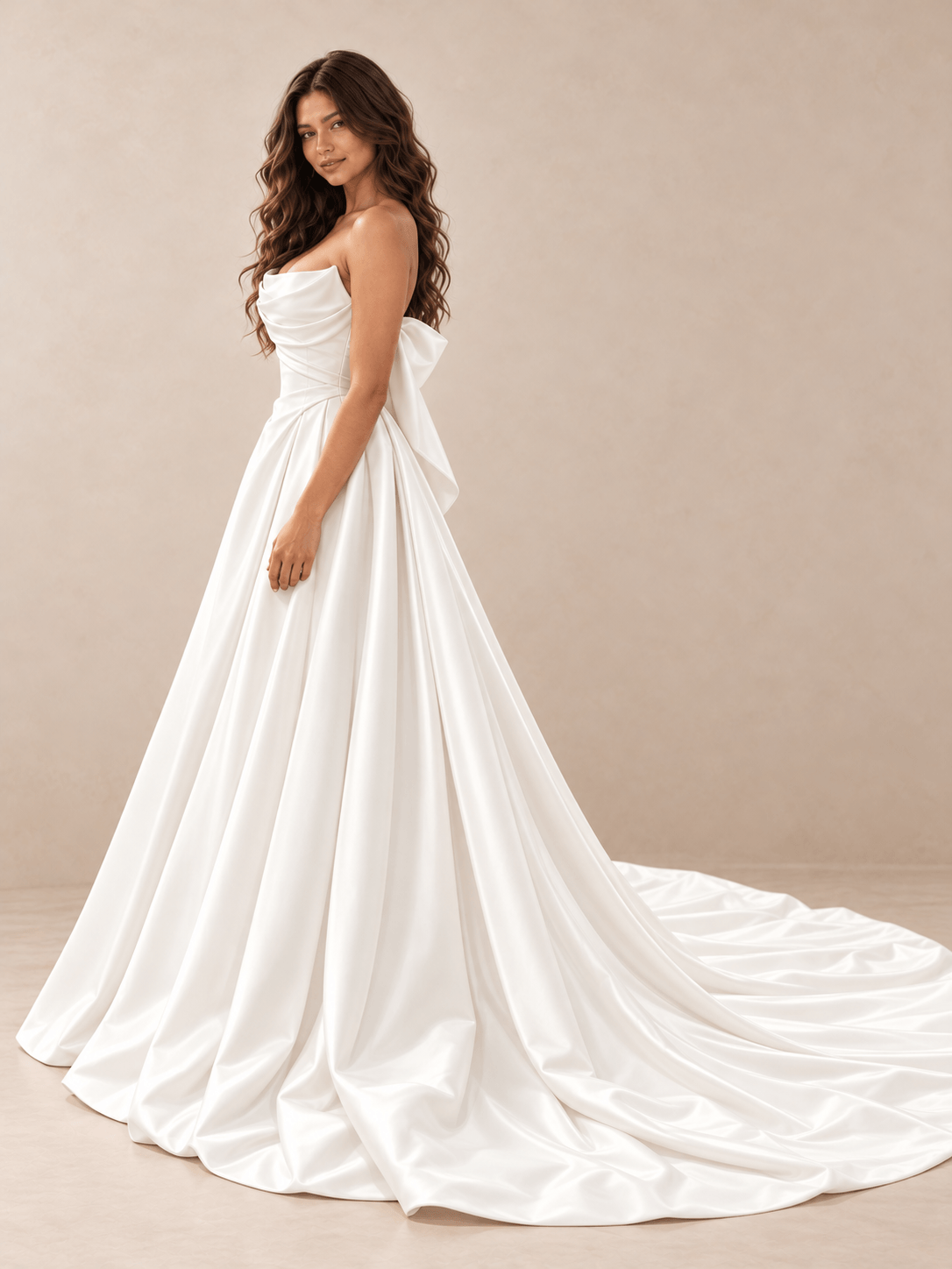 White Strapless Draped Satin A-Line Wedding Dress with Back Waist Bow