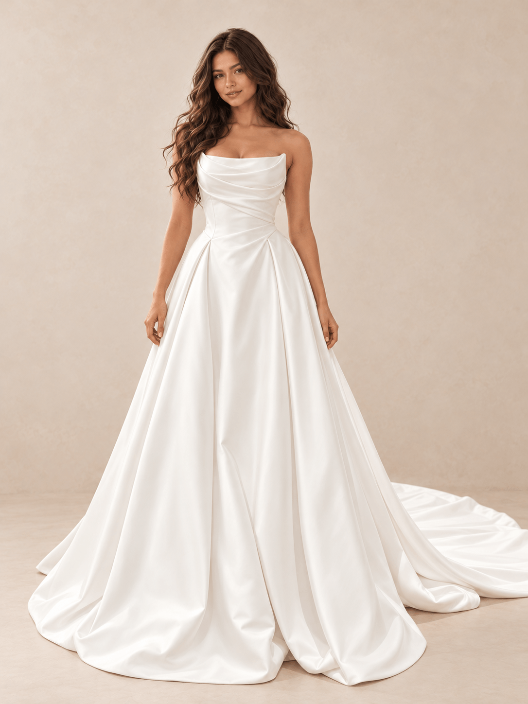White Strapless Draped Satin A-Line Wedding Dress with Back Waist Bow