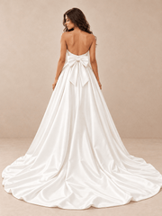 White Strapless Draped Satin A-Line Wedding Dress with Back Waist Bow