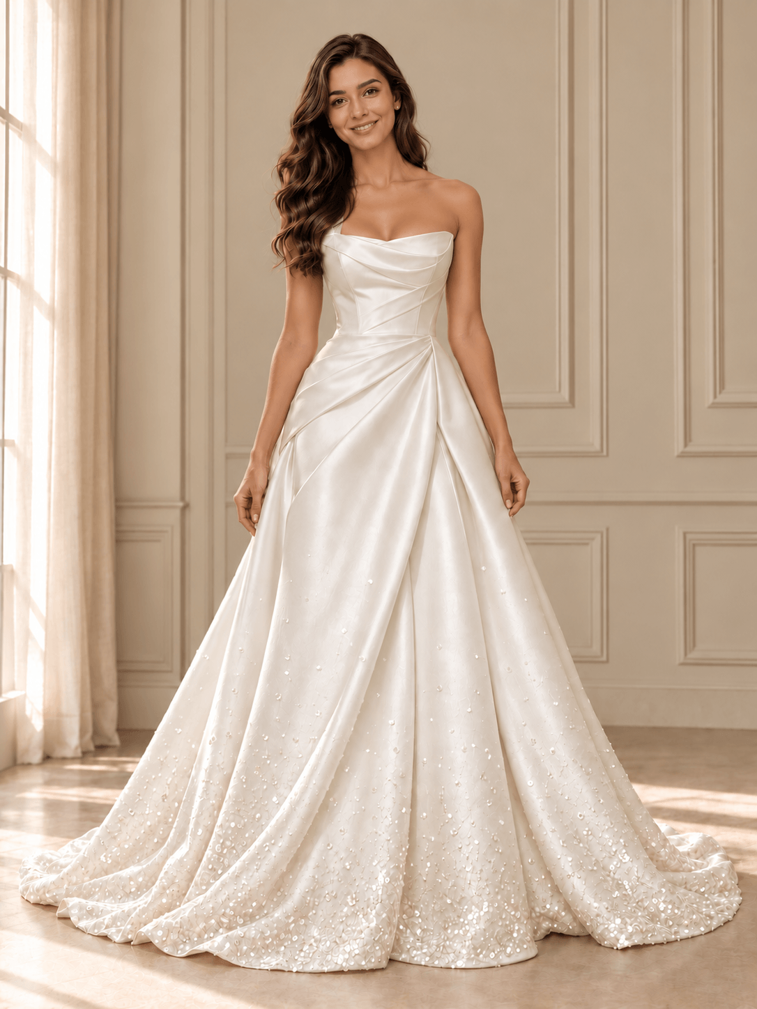 White Strapless Draped Satin Ball Gown Wedding Dress with Beaded