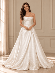White Strapless Draped Satin Ball Gown Wedding Dress with Beaded