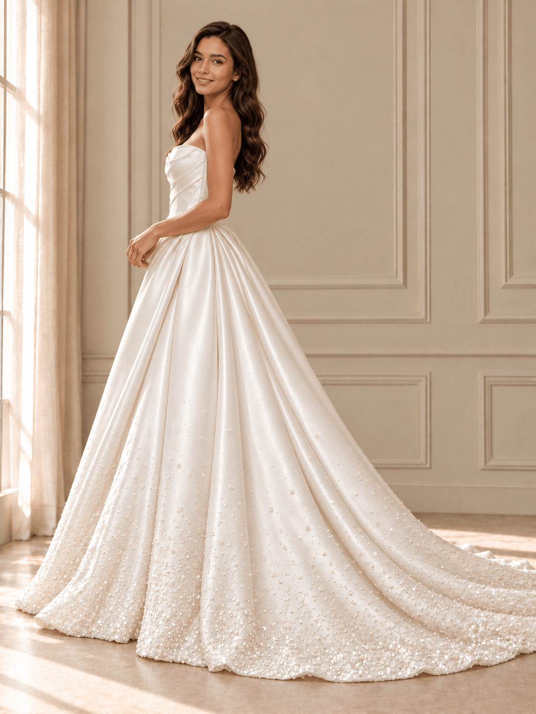 White Strapless Draped Satin Ball Gown Wedding Dress with Beaded