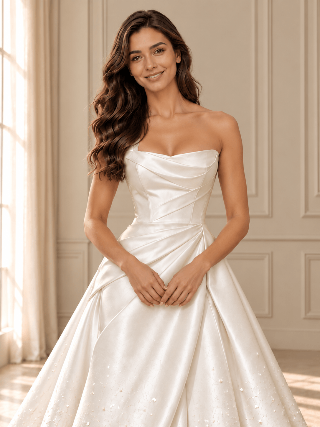 White Strapless Draped Satin Ball Gown Wedding Dress with Beaded