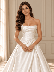 White Strapless Draped Satin Ball Gown Wedding Dress with Beaded