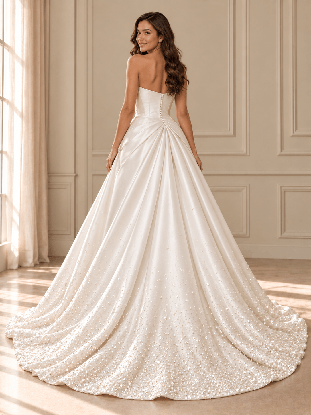 White Strapless Draped Satin Ball Gown Wedding Dress with Beaded