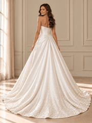 White Strapless Draped Satin Ball Gown Wedding Dress with Beaded