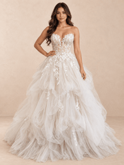 White Strapless Floral Lace Ball Gown Wedding Dress with Sheer Corset Bodice