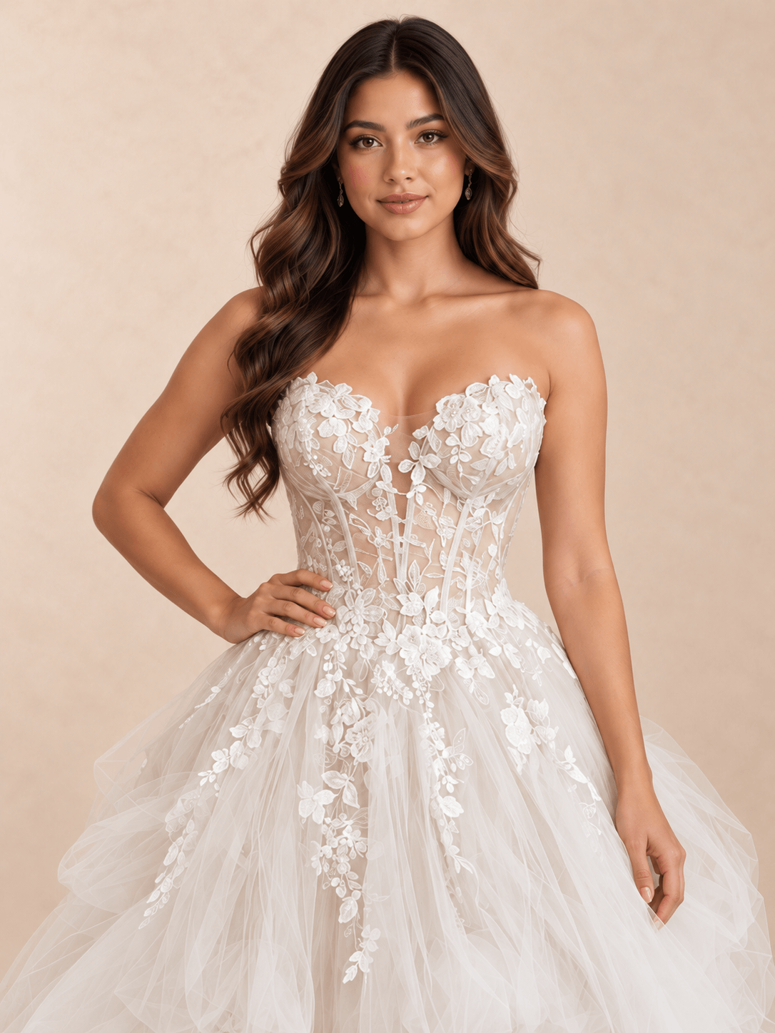 White Strapless Floral Lace Ball Gown Wedding Dress with Sheer Corset Bodice
