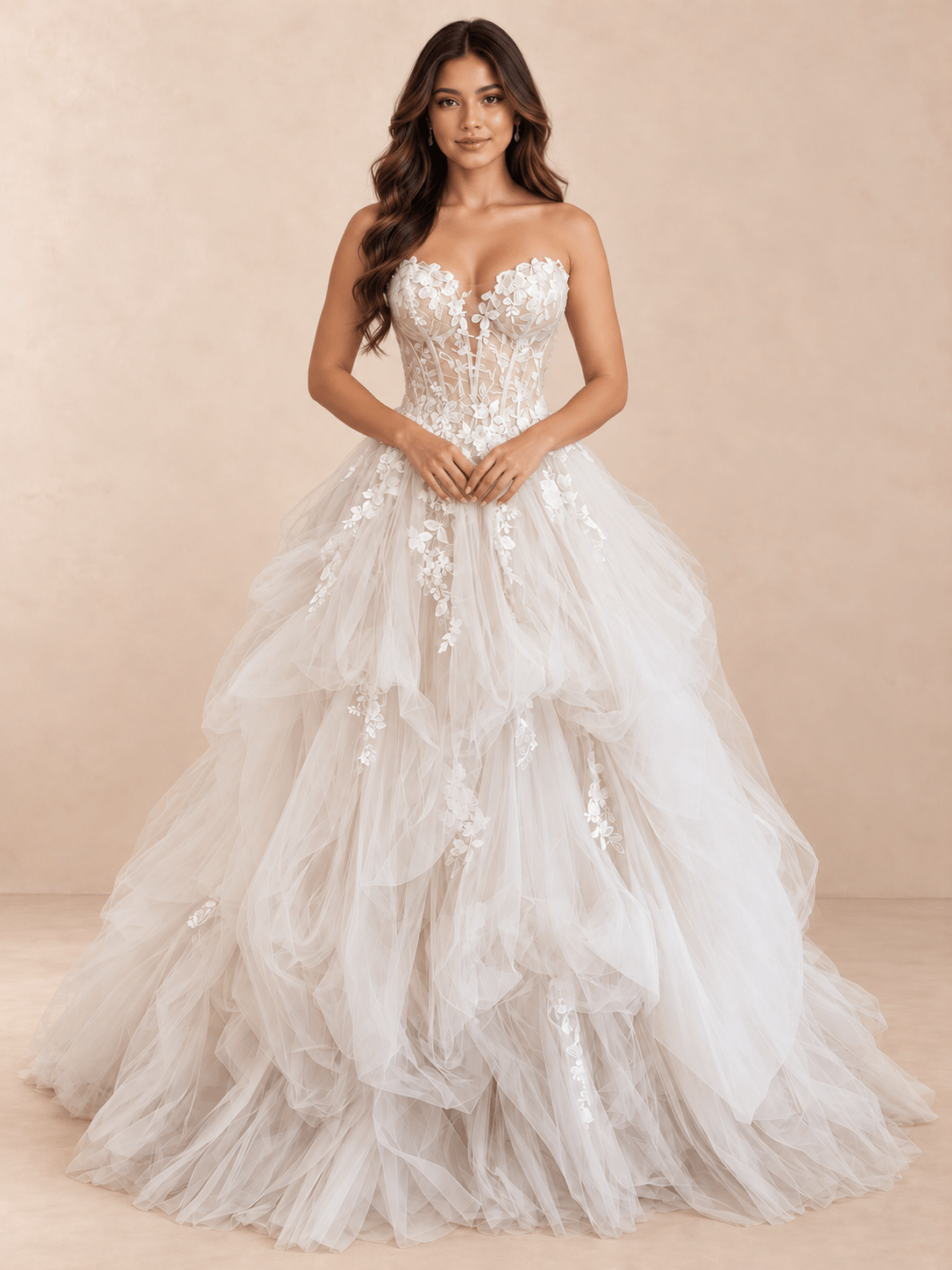 White Strapless Floral Lace Ball Gown Wedding Dress with Sheer Corset Bodice