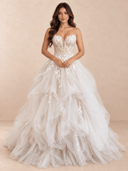 White Strapless Floral Lace Ball Gown Wedding Dress with Sheer Corset Bodice