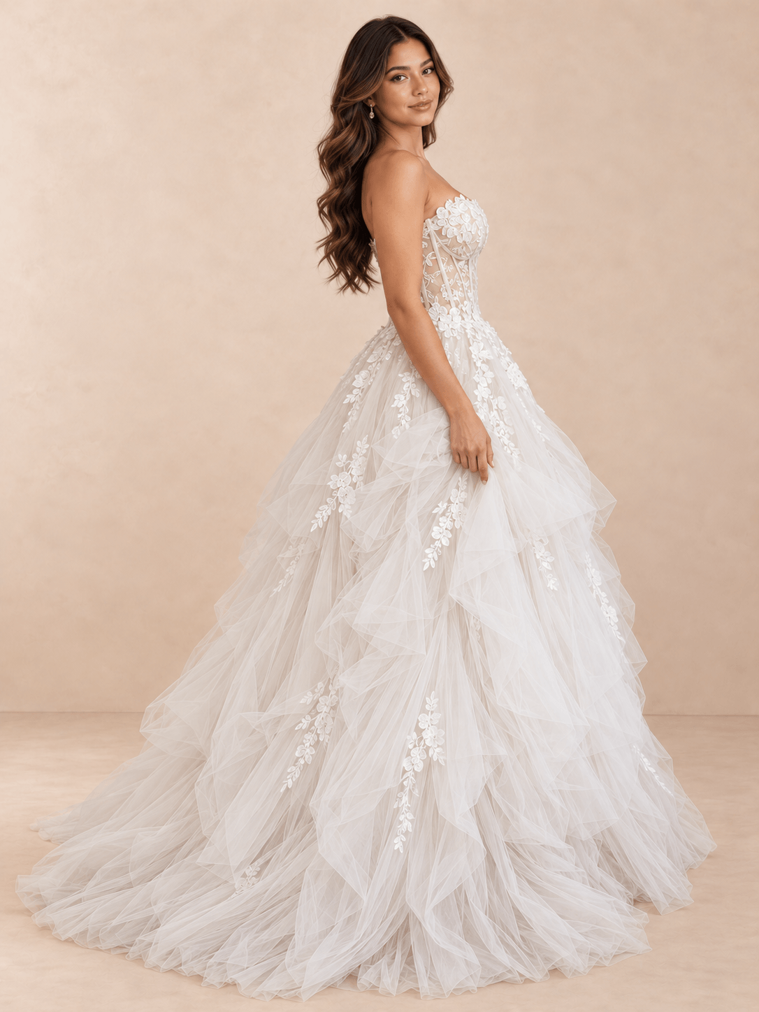 White Strapless Floral Lace Ball Gown Wedding Dress with Sheer Corset Bodice