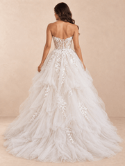 White Strapless Floral Lace Ball Gown Wedding Dress with Sheer Corset Bodice