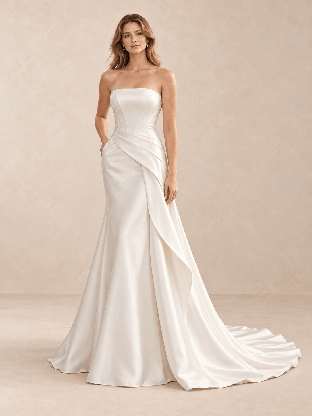White Strapless Mikado Wedding Dress with Draped Overskirt
