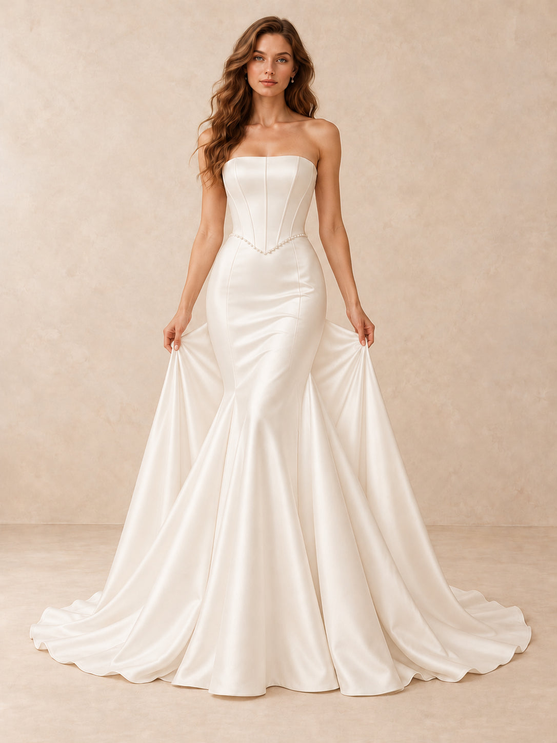 White Strapless Pearl-Trim Satin Mermaid Wedding Dress with Sweep Train