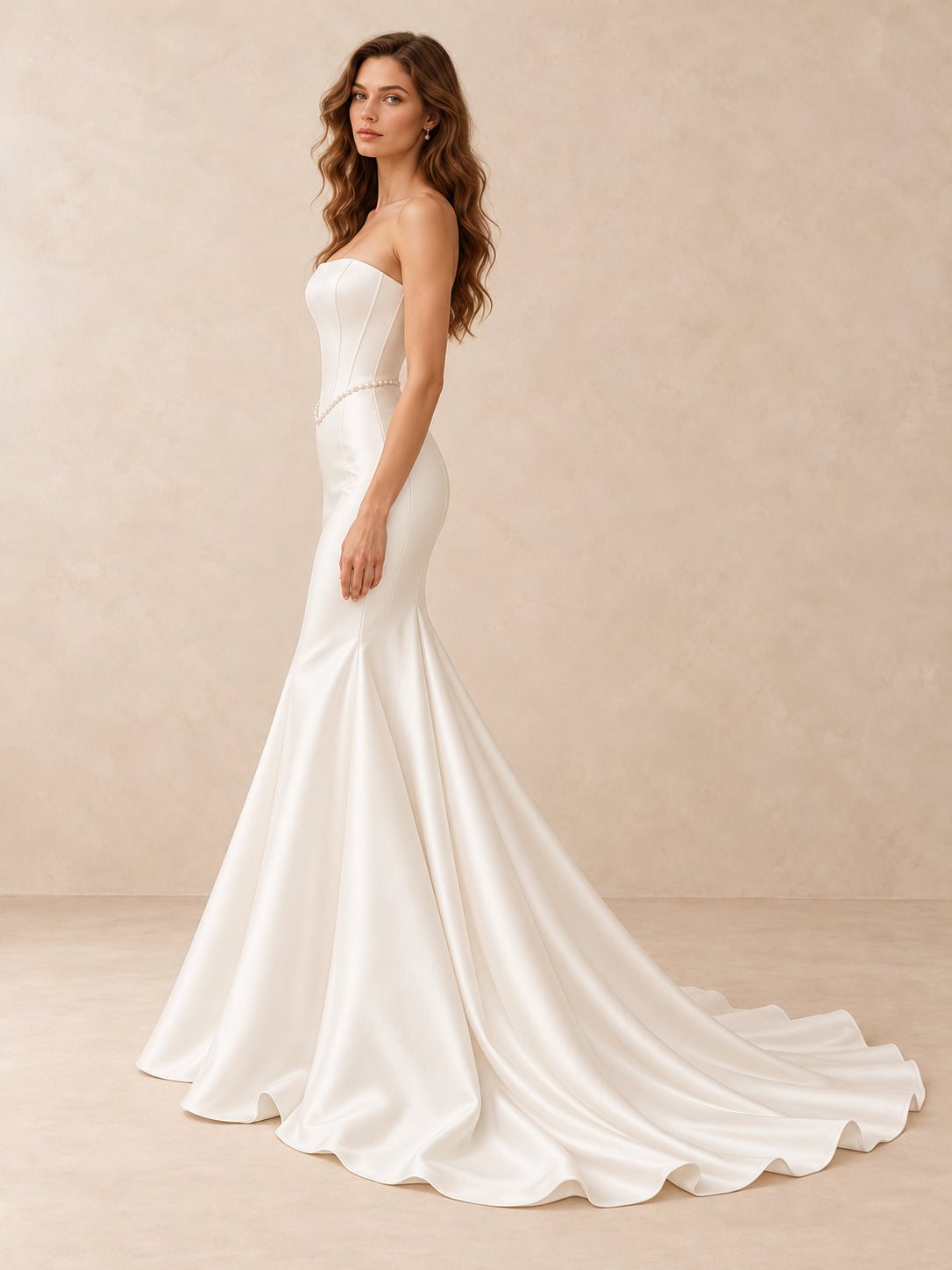 White Strapless Pearl-Trim Satin Mermaid Wedding Dress with Sweep Train