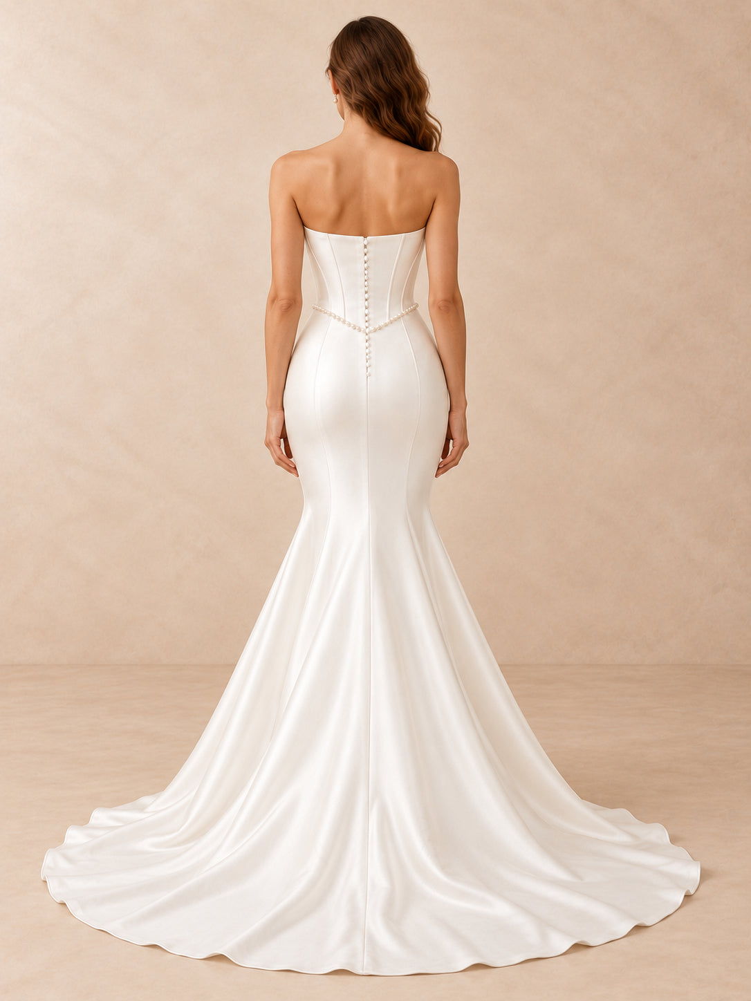 White Strapless Pearl-Trim Satin Mermaid Wedding Dress with Sweep Train