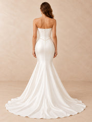 White Strapless Pearl-Trim Satin Mermaid Wedding Dress with Sweep Train