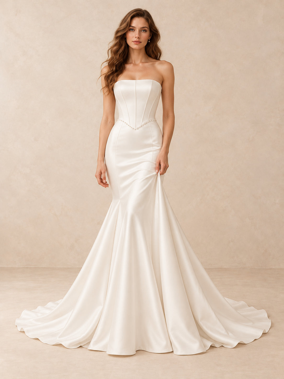 White Strapless Pearl-Trim Satin Mermaid Wedding Dress with Sweep Train